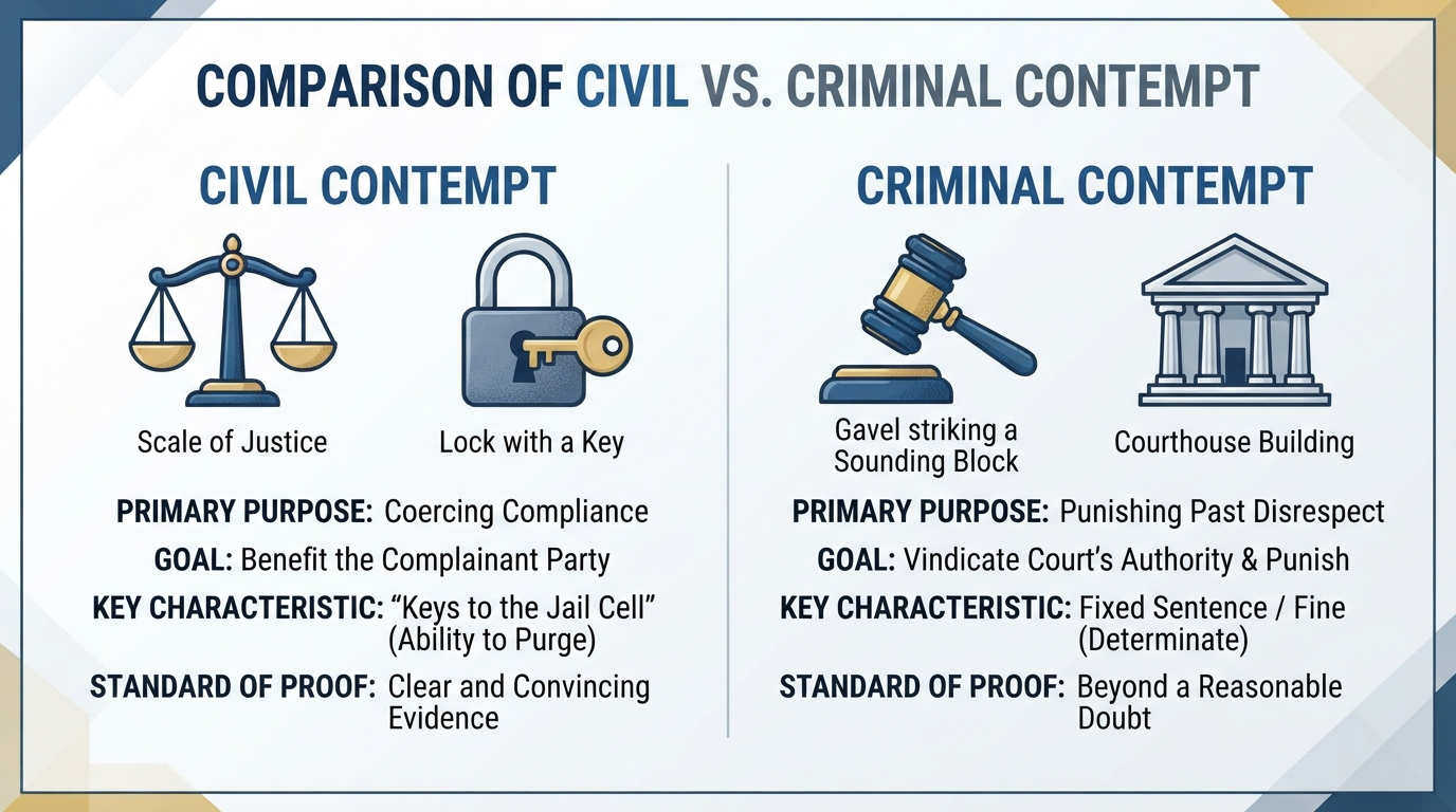 Comparison graphic showing the key differences between civil and criminal contempt.