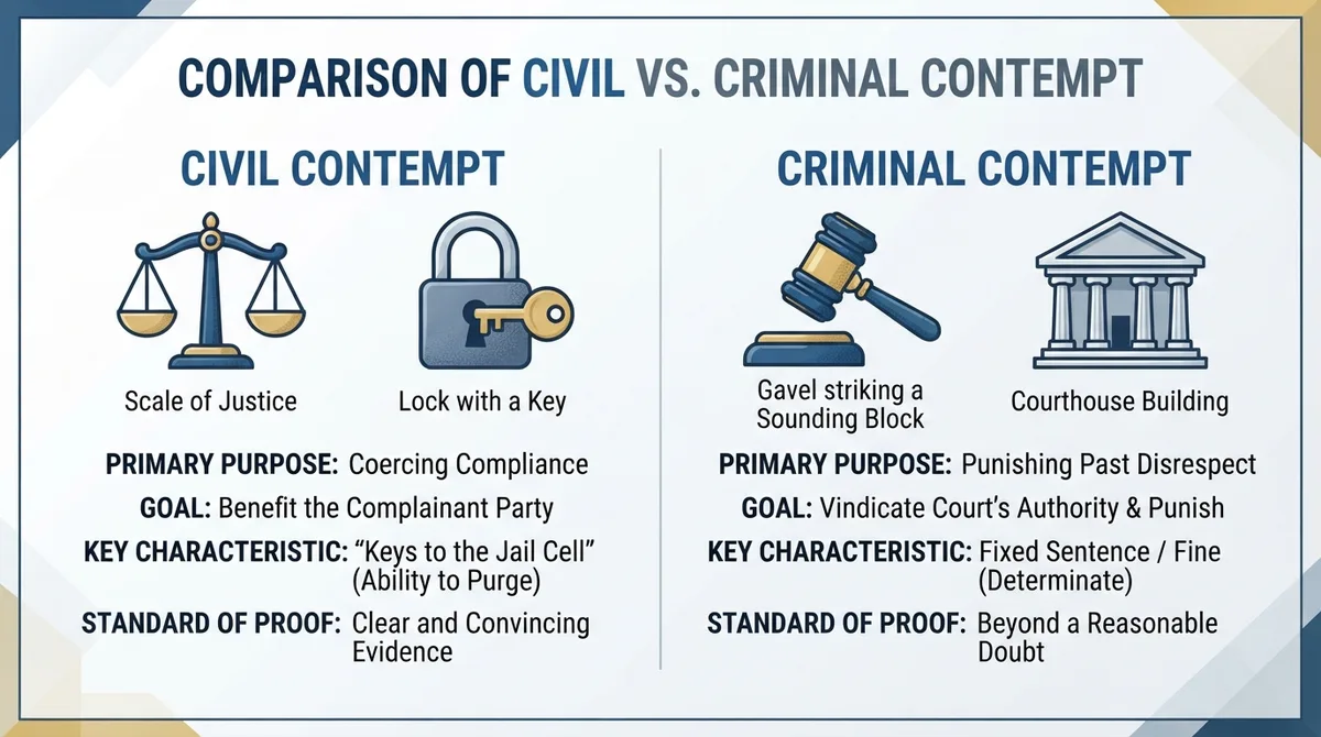 Comparison graphic showing the key differences between civil and criminal contempt.
