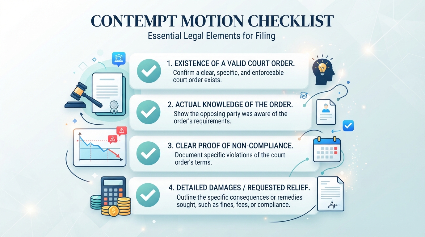 A checklist of the essential legal elements required to file a Motion for Contempt.