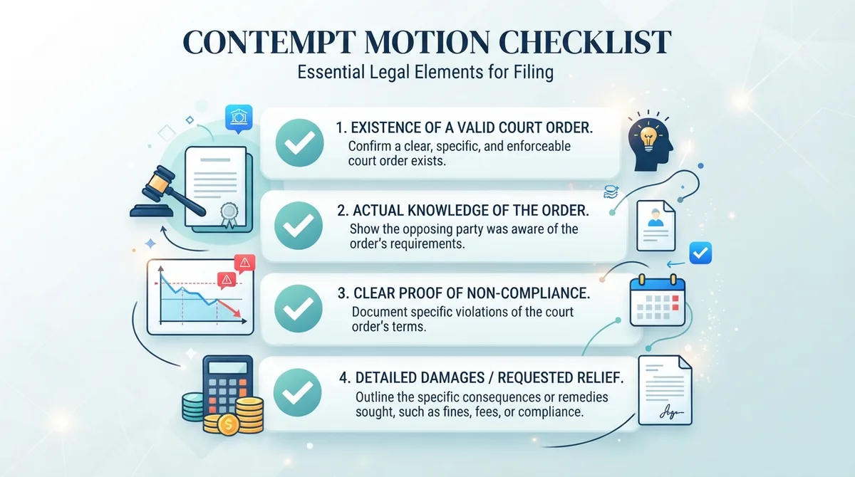 A checklist of the essential legal elements required to file a Motion for Contempt.