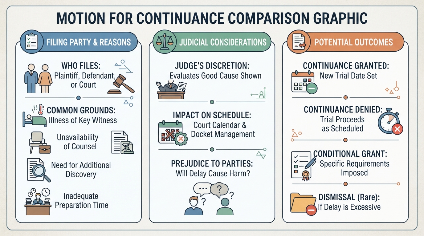 Comparison graphic explaining concepts related to a Motion for Continuance.