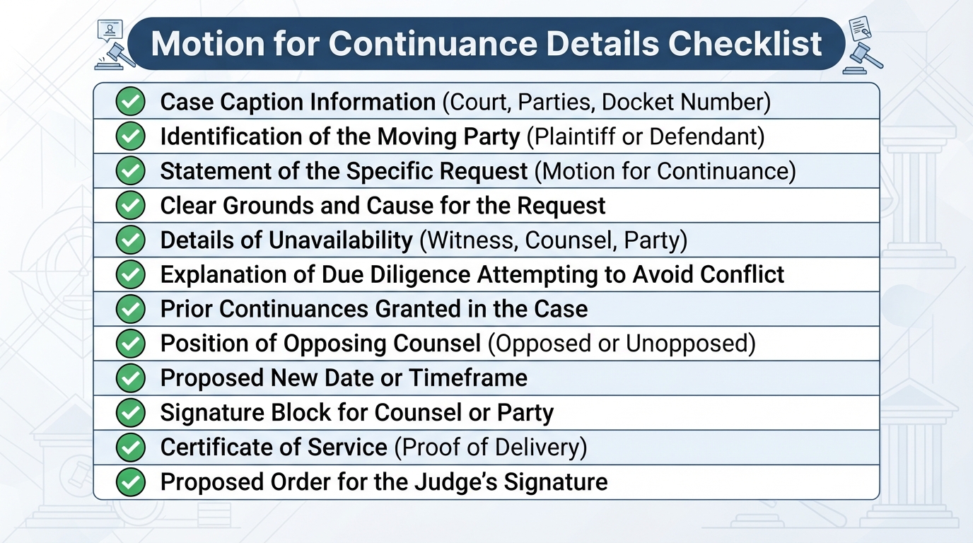 Checklist of details commonly addressed in a Motion for Continuance.