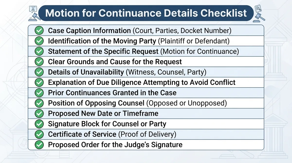 Checklist of details commonly addressed in a Motion for Continuance.