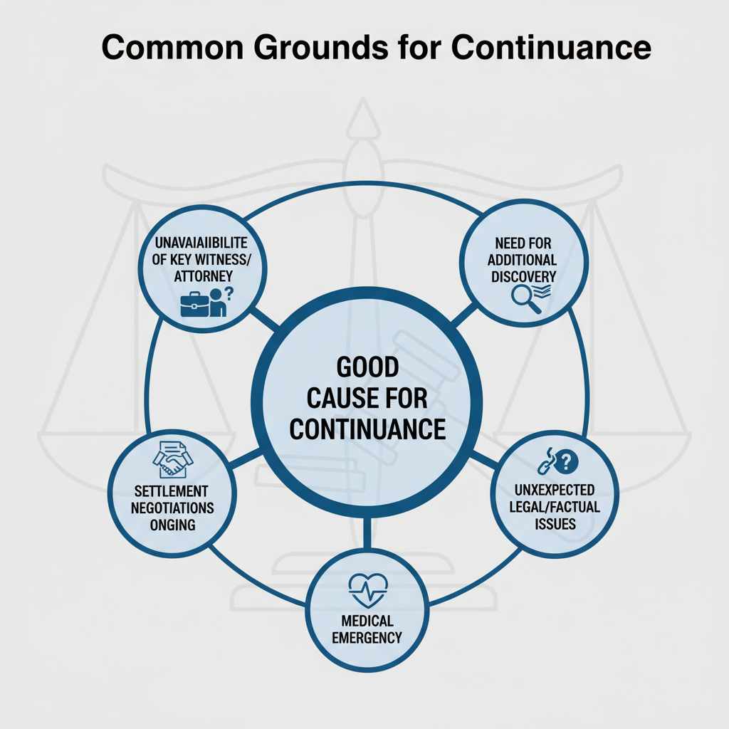 Diagram illustrating common reasons a court might grant a motion for continuance, such as unavailability of key personnel or need for more discovery.