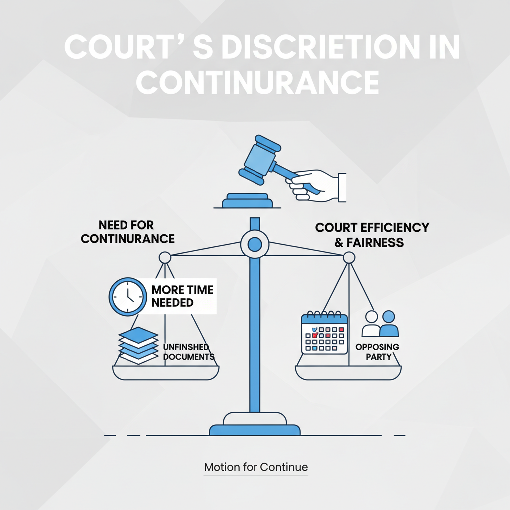 Illustration of a balanced scale representing the court's discretion, weighing the moving party's need for continuance against court efficiency and potential prejudice to other par