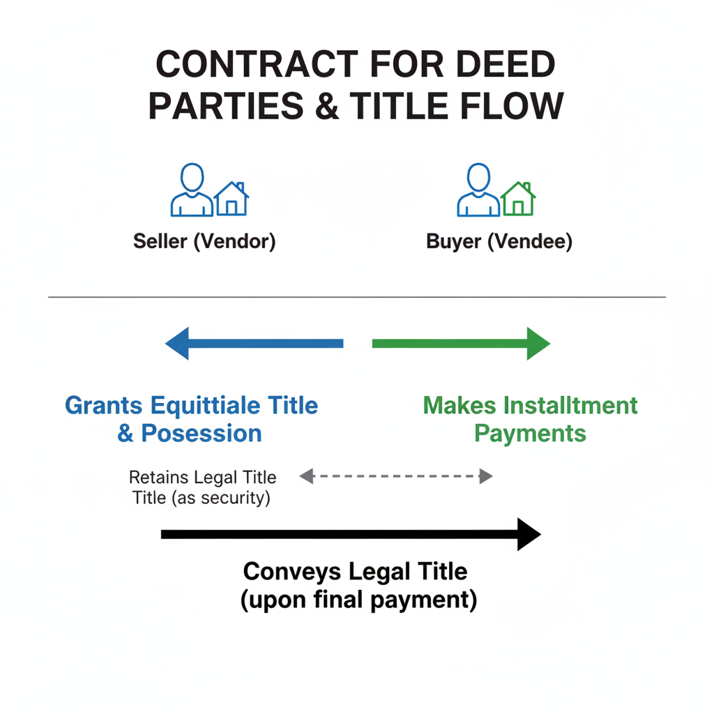 Diagram showing seller retaining legal title while buyer makes payments and takes possession, eventually receiving legal title.