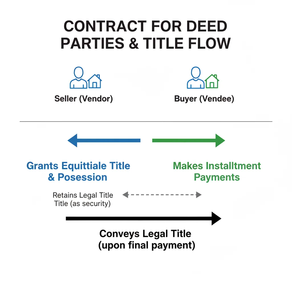 Diagram showing seller retaining legal title while buyer makes payments and takes possession, eventually receiving legal title.