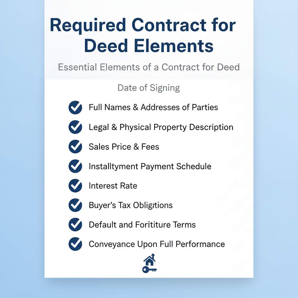 Checklist outlining the essential elements required in a Contract for Deed, including party identification, property details, financial terms, and default provisions.