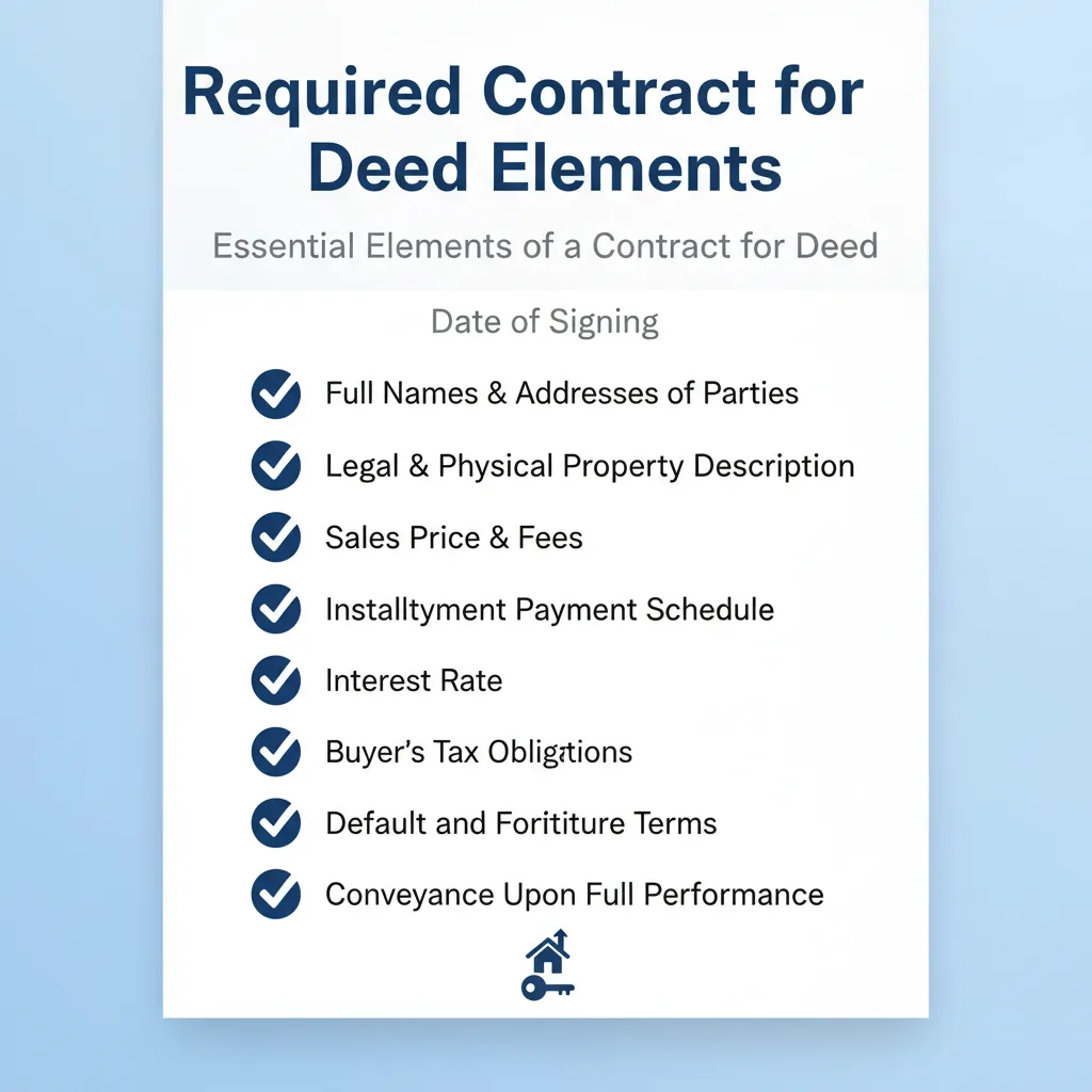 Checklist outlining the essential elements required in a Contract for Deed, including party identification, property details, financial terms, and default provisions.