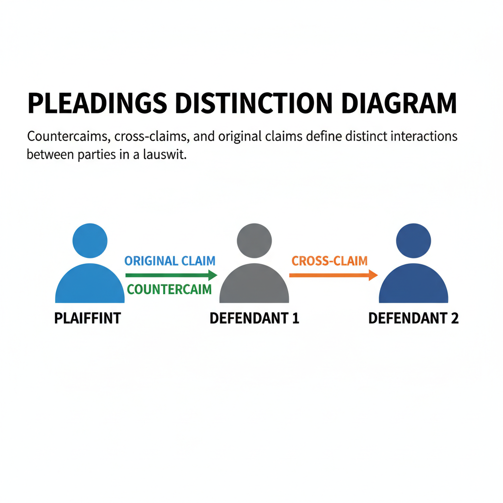 Diagram showing the difference between an original claim, counterclaim, and cross-claim.