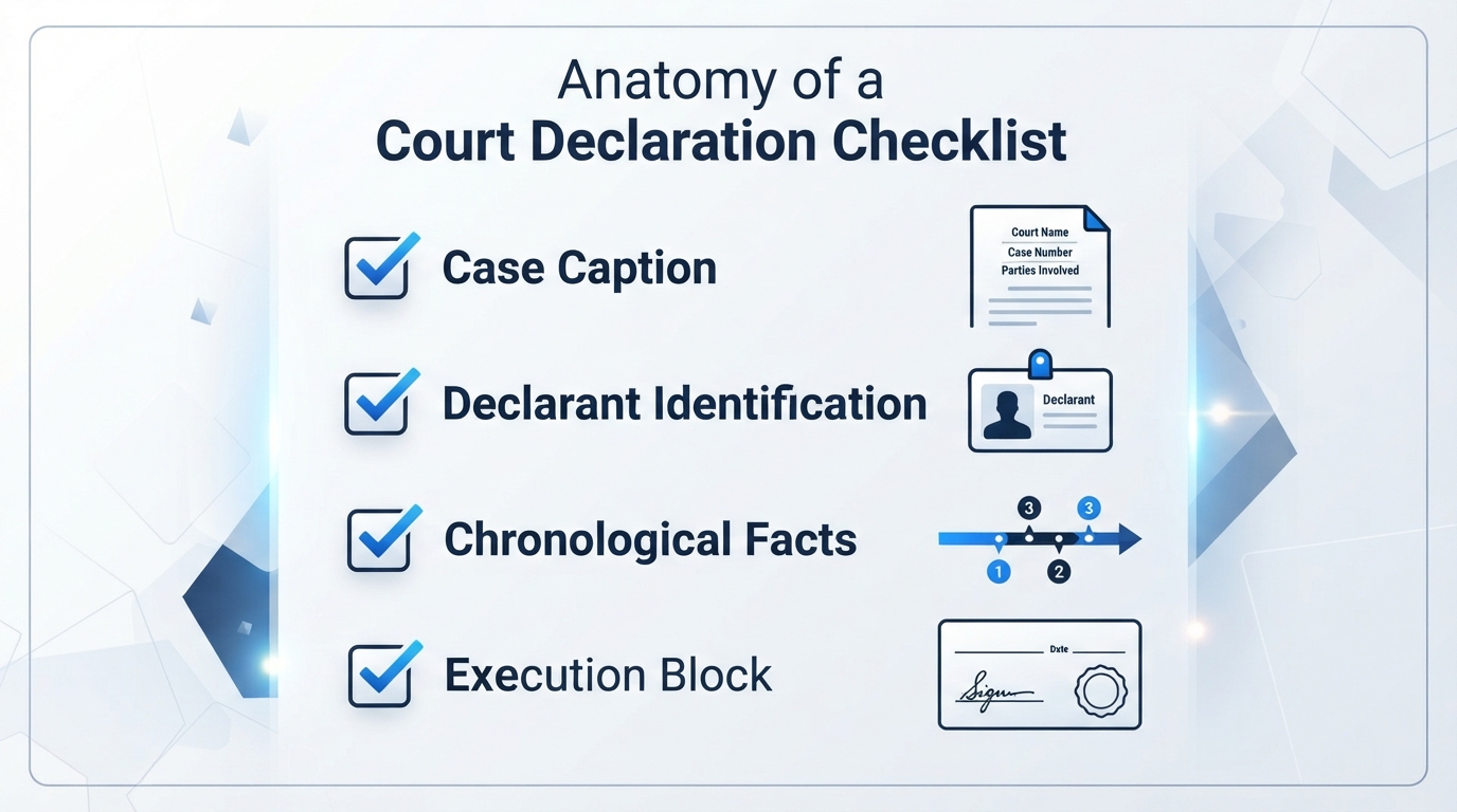 Checklist of essential elements required in a court declaration