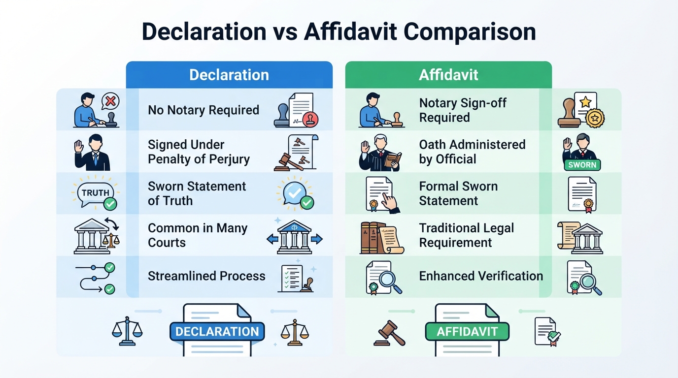 Comparison chart showing the differences between a declaration and an affidavit