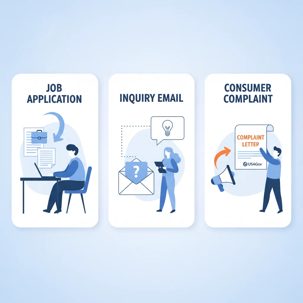 Illustration depicting different uses of cover letters, including job applications, inquiries, and a consumer holding a complaint letter.