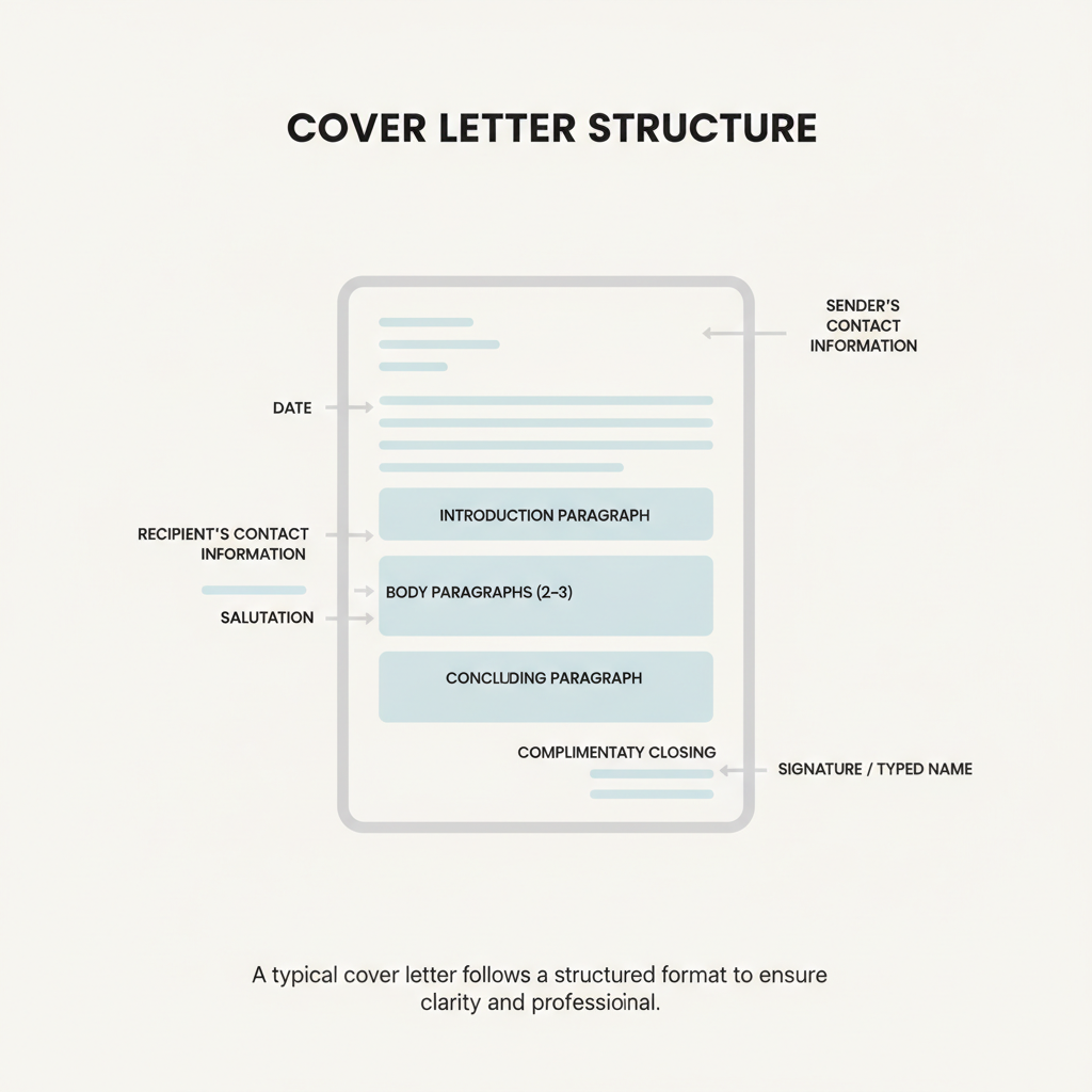 Diagram showing the structural components of a standard cover letter, from sender's details to signature.