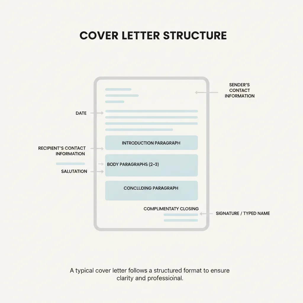 Diagram showing the structural components of a standard cover letter, from sender's details to signature.