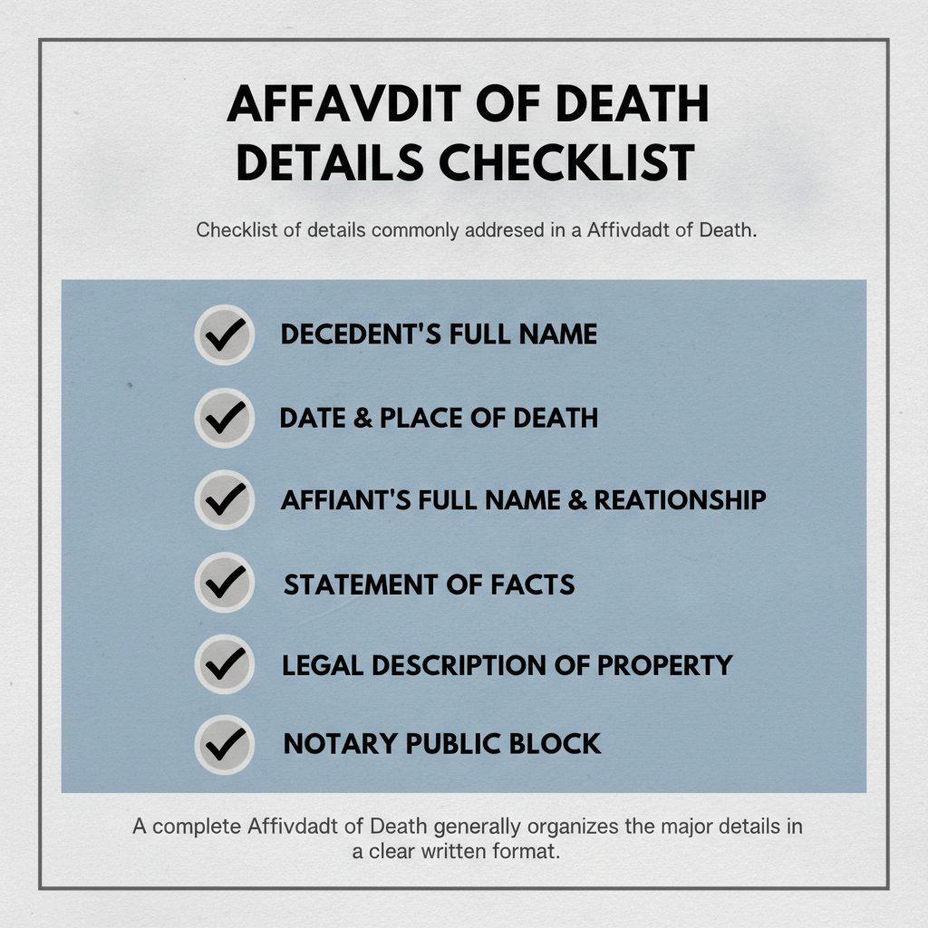 Checklist of details commonly addressed in a Affidavit of Death.