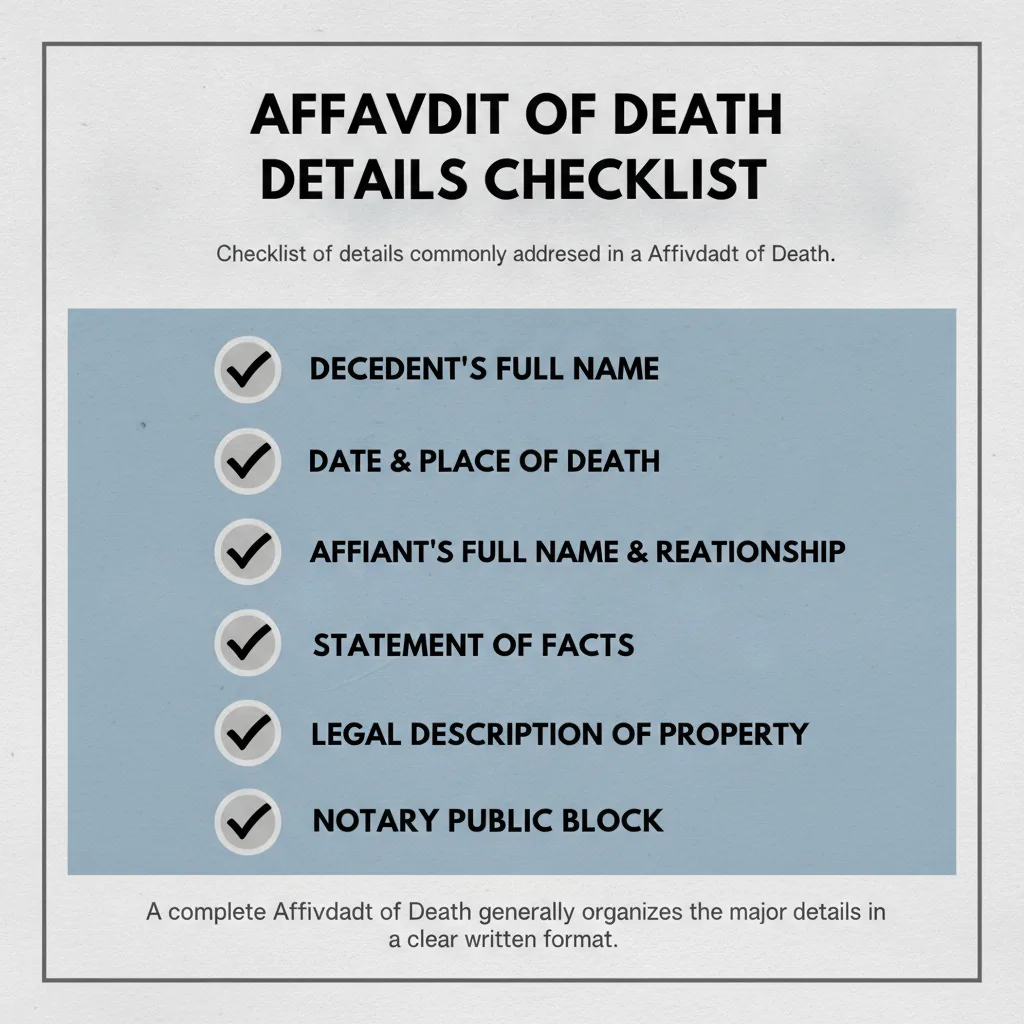 Checklist of details commonly addressed in a Affidavit of Death.