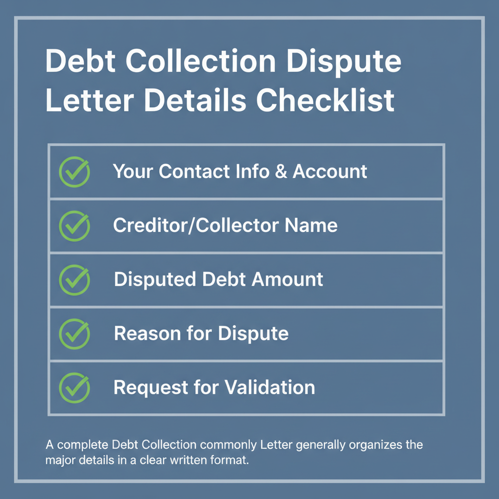 Checklist of details commonly addressed in a Debt Collection Dispute Letter.