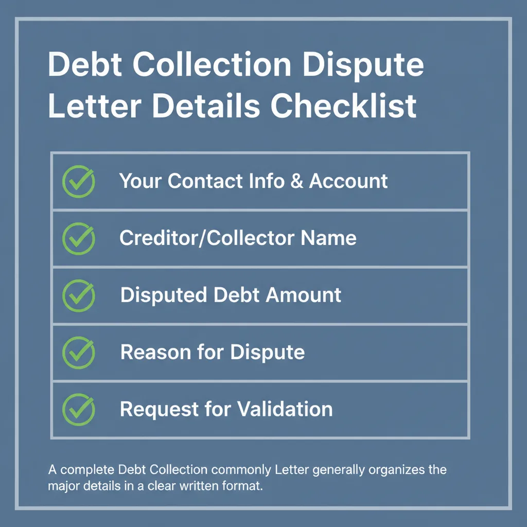 Checklist of details commonly addressed in a Debt Collection Dispute Letter.