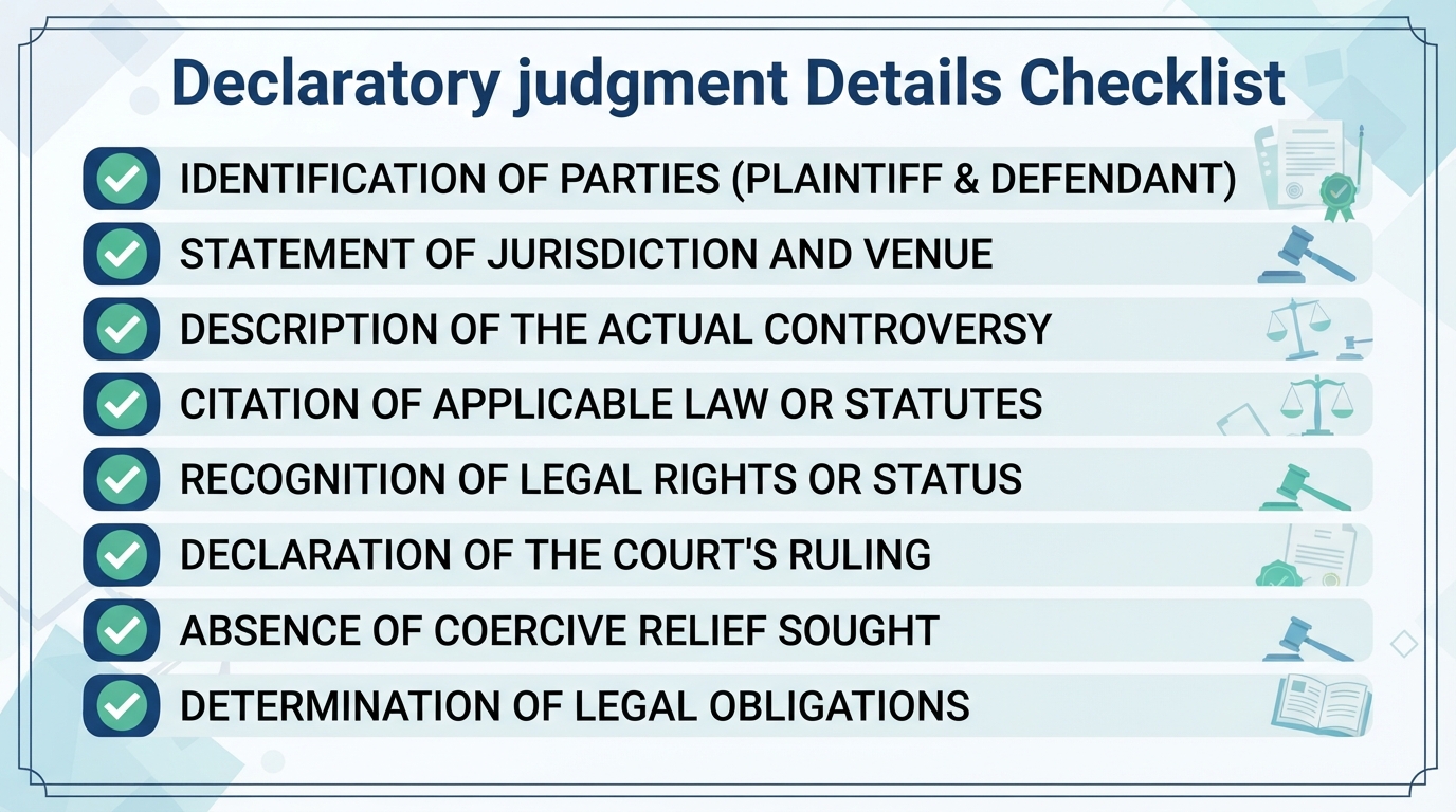 Checklist of details commonly addressed in a Declaratory judgment.