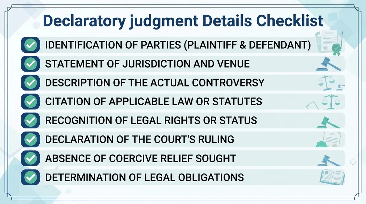 Checklist of details commonly addressed in a Declaratory judgment.