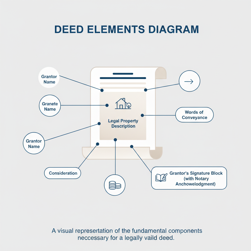 Diagram showing the essential components required for a valid legal deed, including grantor, grantee, property description, and signature.