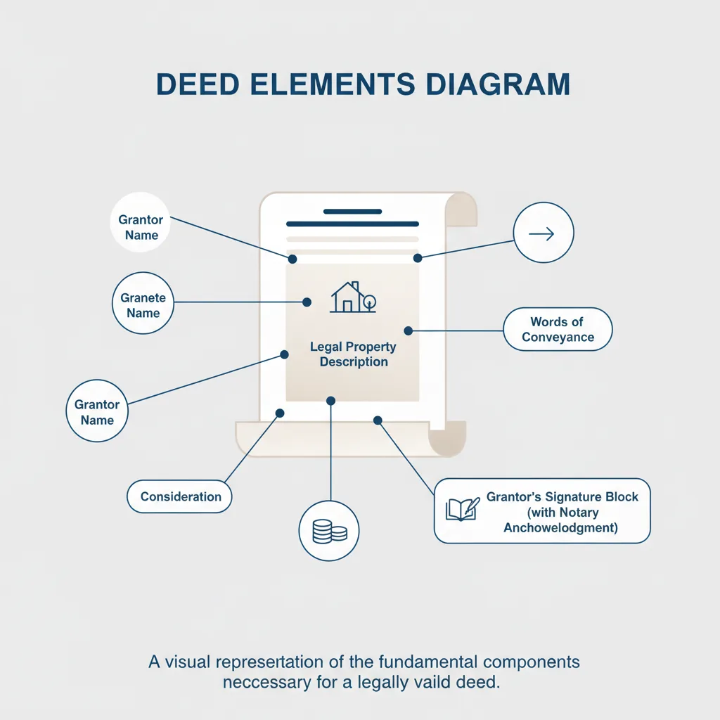 Diagram showing the essential components required for a valid legal deed, including grantor, grantee, property description, and signature.