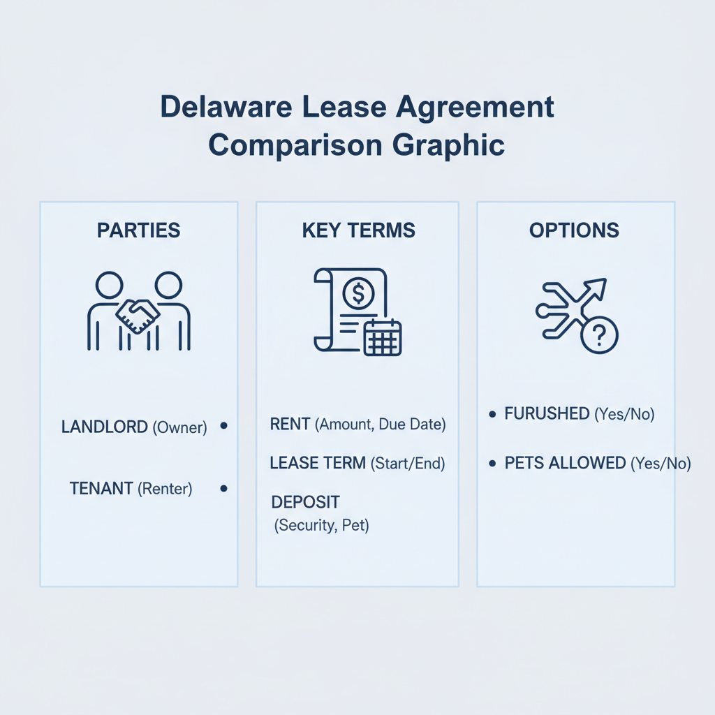 Comparison graphic explaining concepts related to a Delaware Lease Agreement.