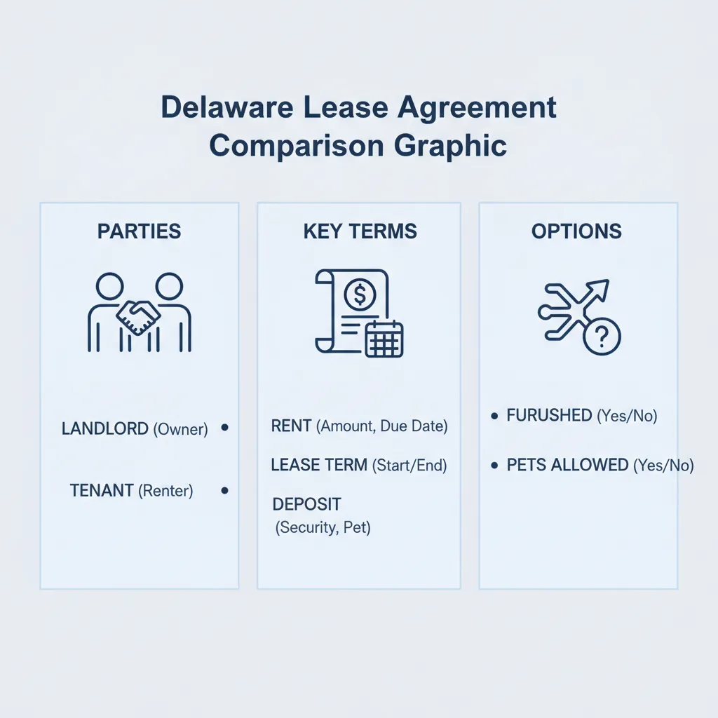 Comparison graphic explaining concepts related to a Delaware Lease Agreement.