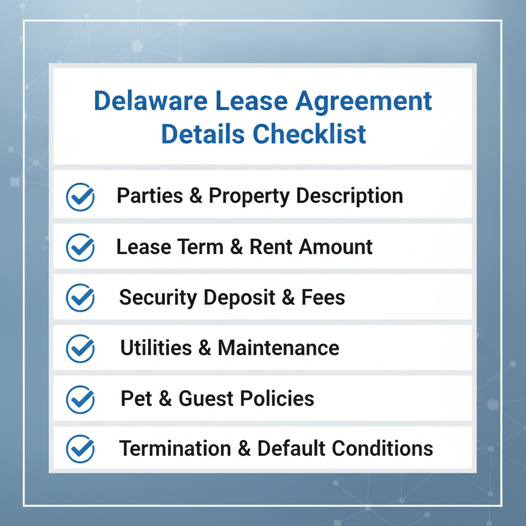 Checklist of details commonly addressed in a Delaware Lease Agreement.