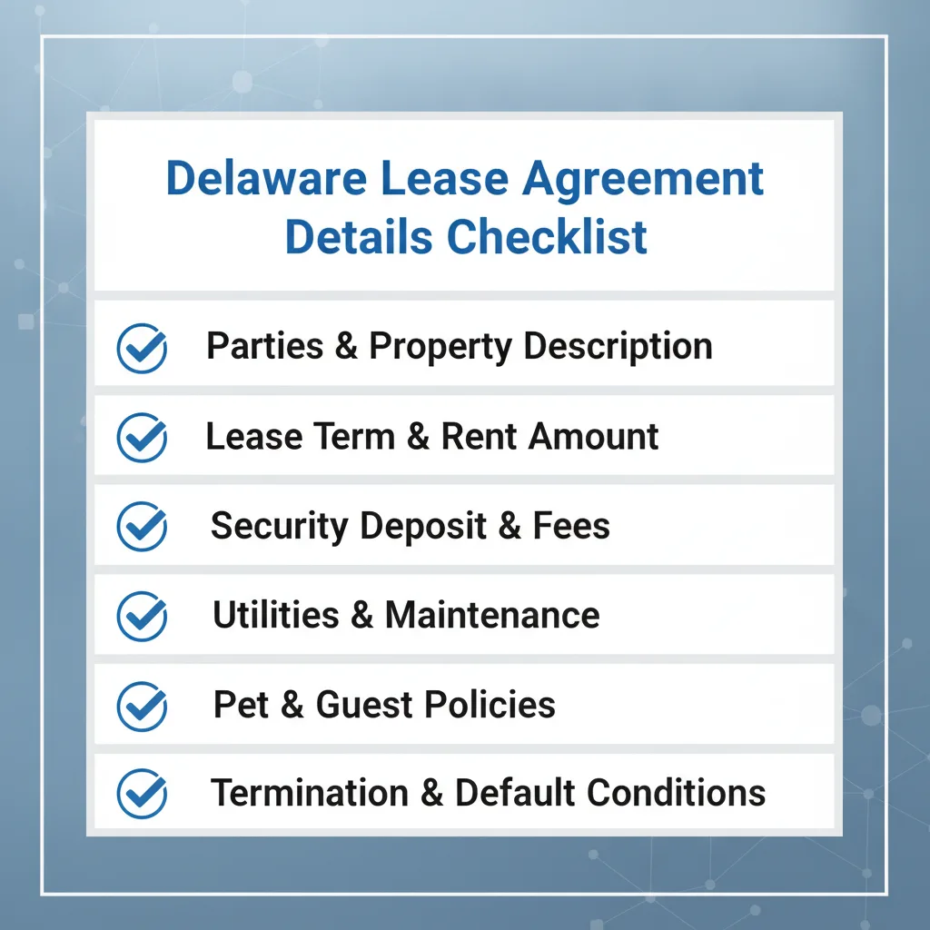 Checklist of details commonly addressed in a Delaware Lease Agreement.