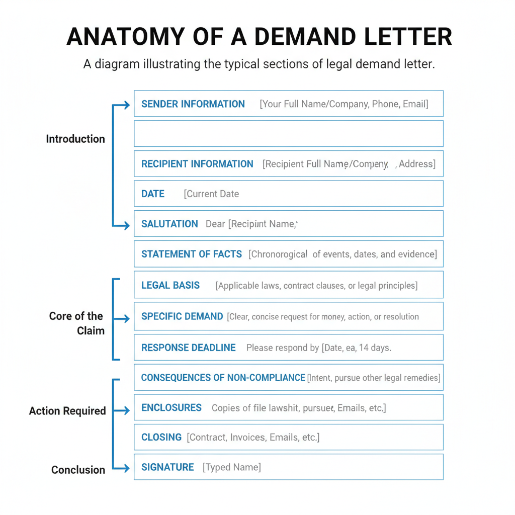 Diagram showing the key parts of a demand letter, including sender/recipient info, facts, demand, and deadline.