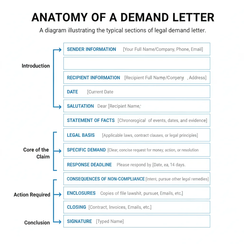 Diagram showing the key parts of a demand letter, including sender/recipient info, facts, demand, and deadline.