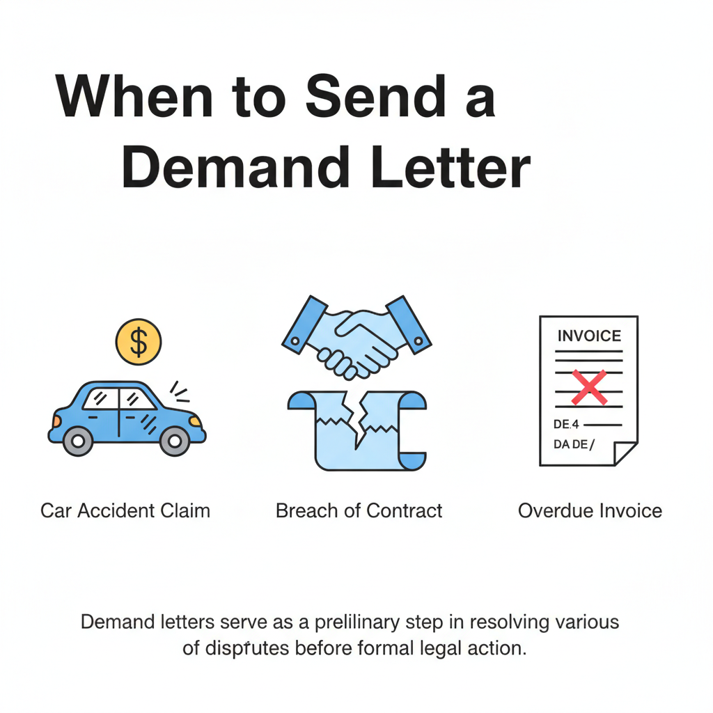 Illustration showing scenarios for demand letters: car accident, broken contract, and overdue invoice.