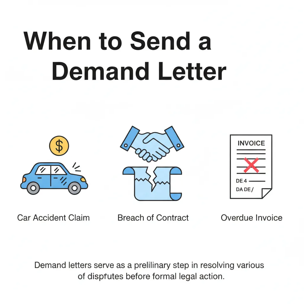Illustration showing scenarios for demand letters: car accident, broken contract, and overdue invoice.
