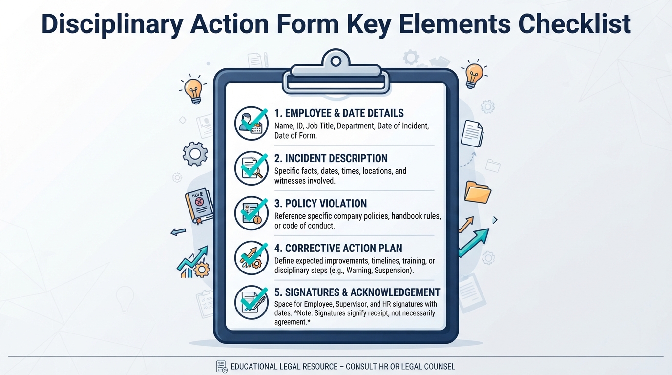 Infographic checklist of key elements in a Disciplinary Action Form