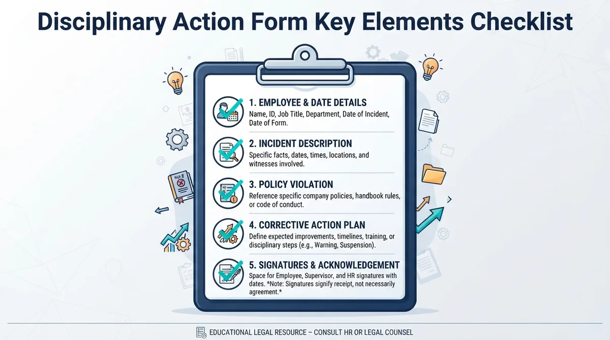 Infographic checklist of key elements in a Disciplinary Action Form