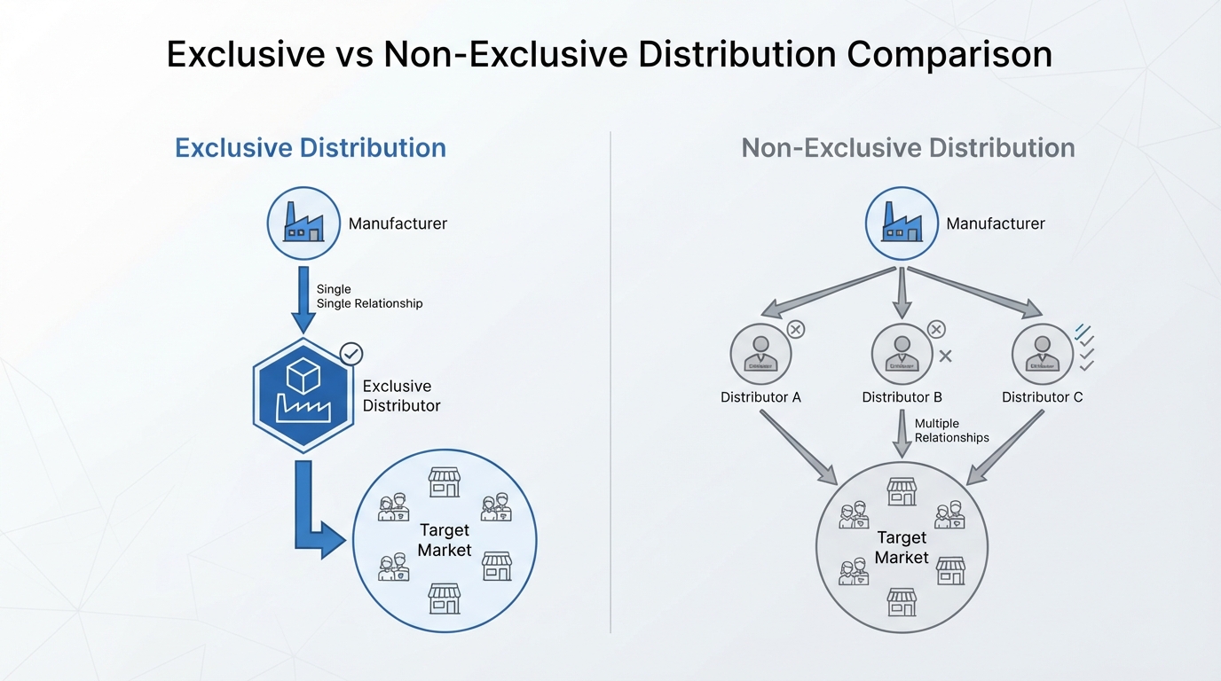 Comparison diagram showing exclusive and non-exclusive distribution models.