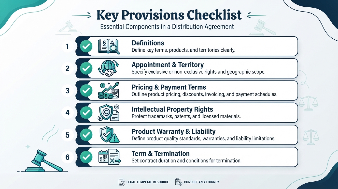 Checklist of essential components in a distribution agreement.