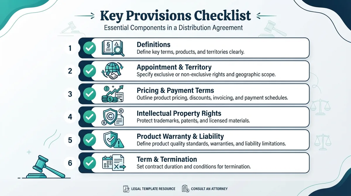 Checklist of essential components in a distribution agreement.
