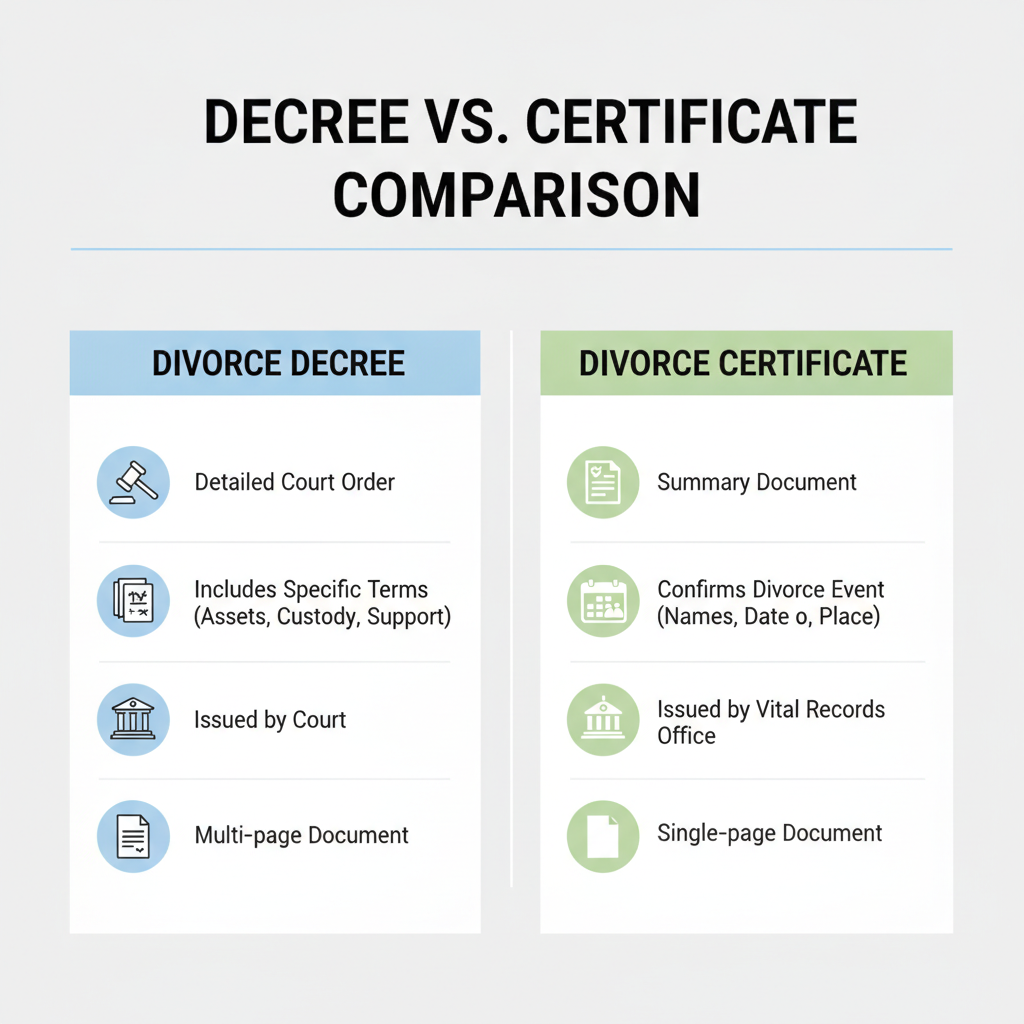 Comparison table differentiating a divorce decree from a divorce certificate based on detail level, issuing authority, and content.
