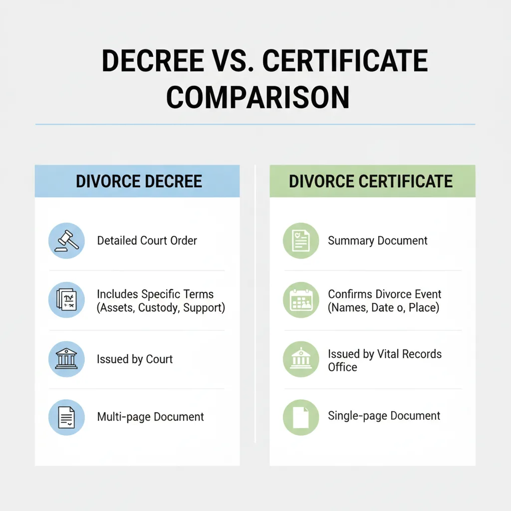 Comparison table differentiating a divorce decree from a divorce certificate based on detail level, issuing authority, and content.