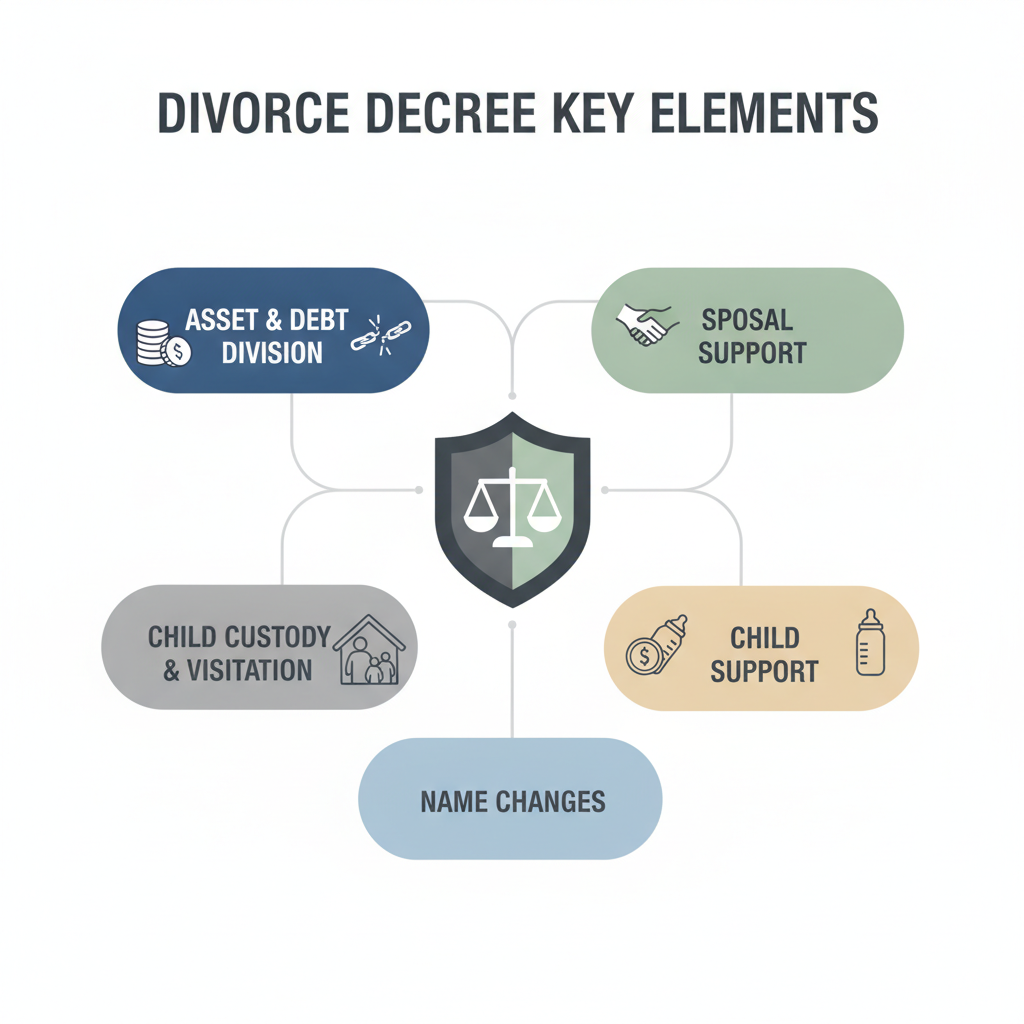 Diagram showing the key elements of a divorce decree, including asset division, spousal support, child custody, child support, and name changes.