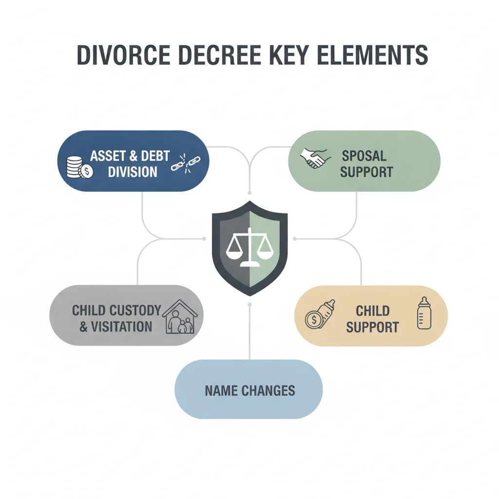 Diagram showing the key elements of a divorce decree, including asset division, spousal support, child custody, child support, and name changes.