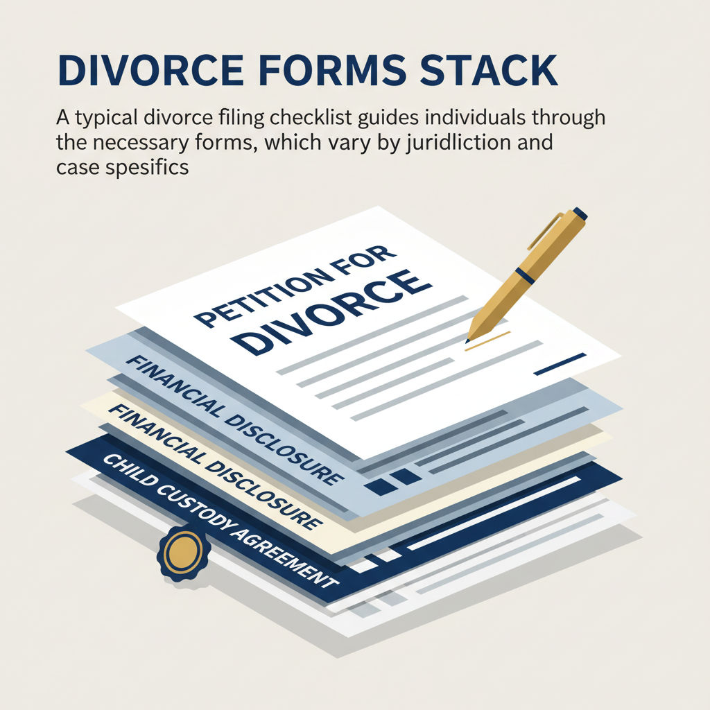Stack of divorce-related legal forms, including petition, financial disclosure, and child custody documents.