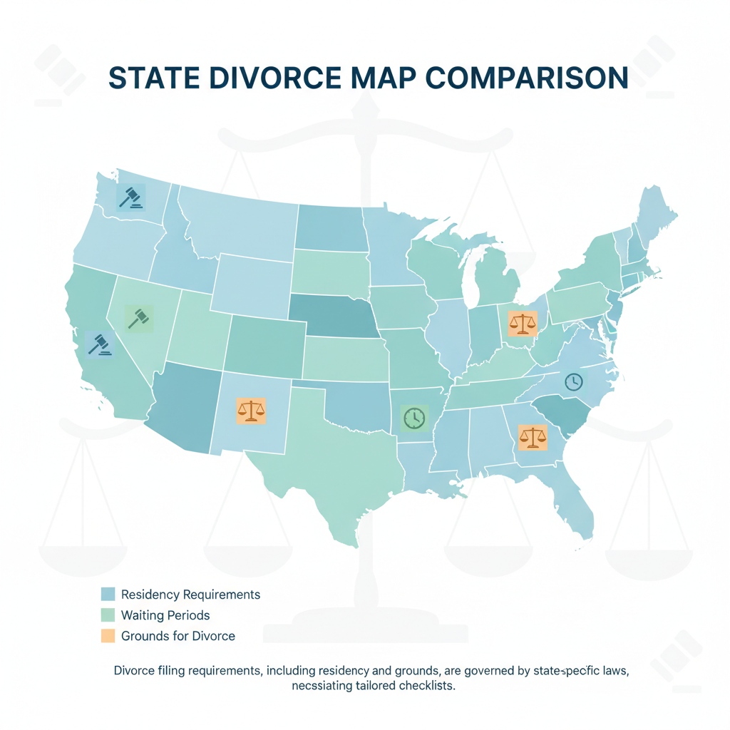Map of the United States illustrating state-by-state variations in divorce laws and requirements.