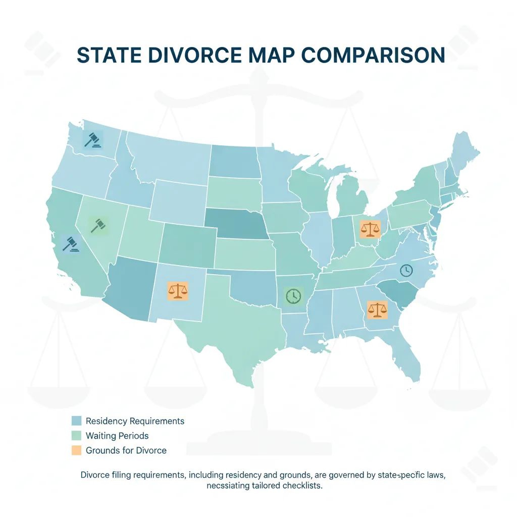 Map of the United States illustrating state-by-state variations in divorce laws and requirements.