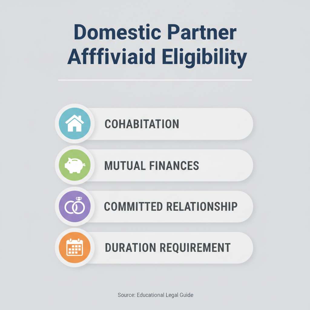 Checklist graphic showing common eligibility requirements for a Domestic Partner Affidavit, including cohabitation, mutual financial responsibility, and a committed relationship.