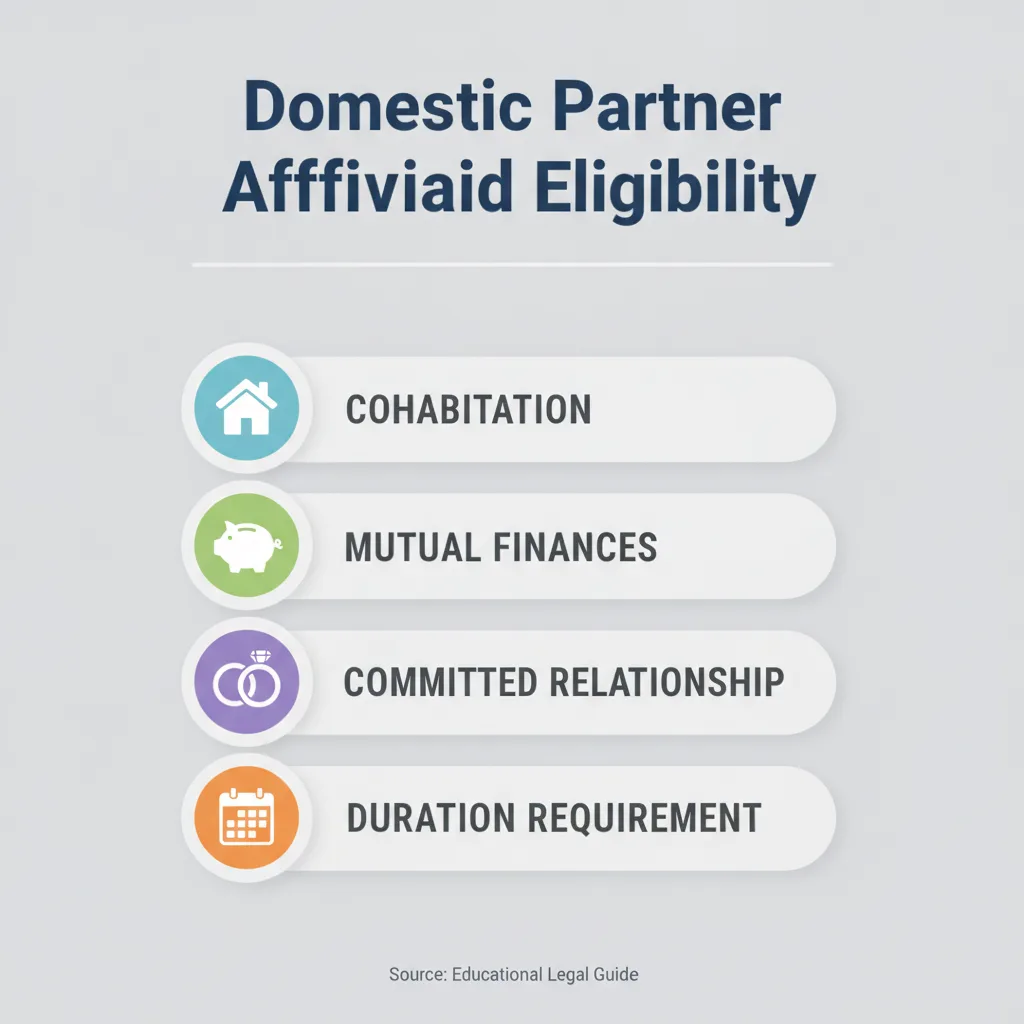 Checklist graphic showing common eligibility requirements for a Domestic Partner Affidavit, including cohabitation, mutual financial responsibility, and a committed relationship.