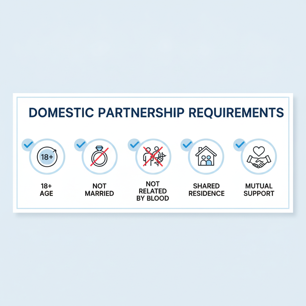 Checklist of common requirements for a domestic partnership, including age, marital status, blood relation, shared residence, and mutual support.